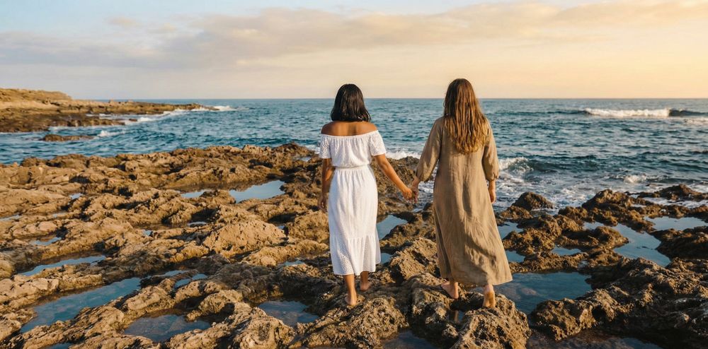 Zwei Frauen gehen Hand in Hand über Felsen am Meer