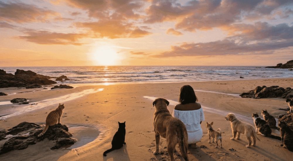 Frau sitzt bei Sonnenuntergang am Strand, umgeben von Hunden und Katzen